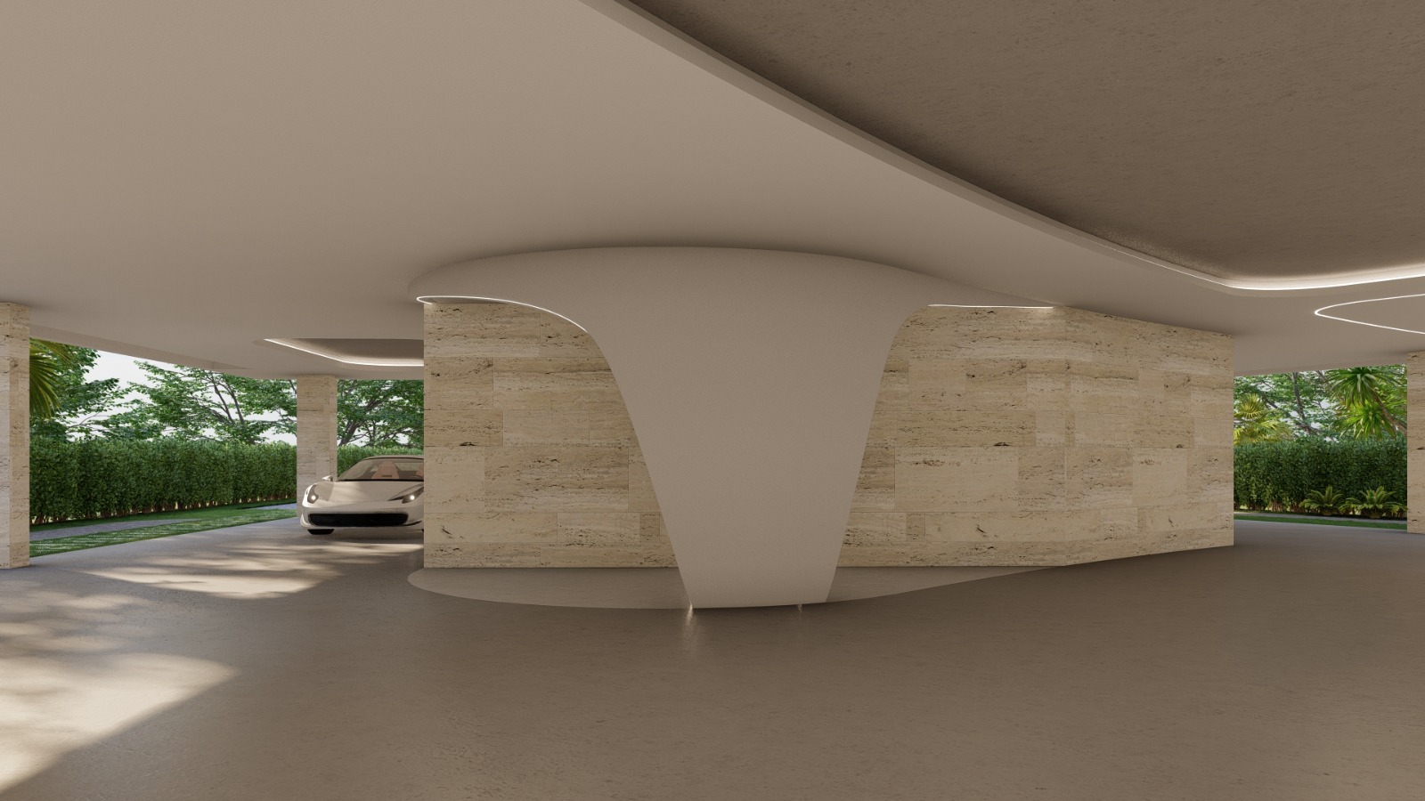 Luxury architectural visualization — porte-cochère with sculptural ceiling